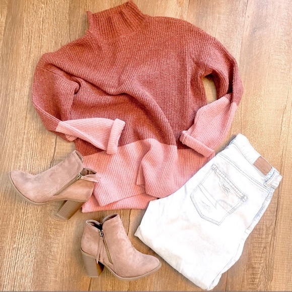 Olive & Oak Sweaters - Olive & Oak rust coral pink M medium Colorblock mock neck Turtleneck Sweater top